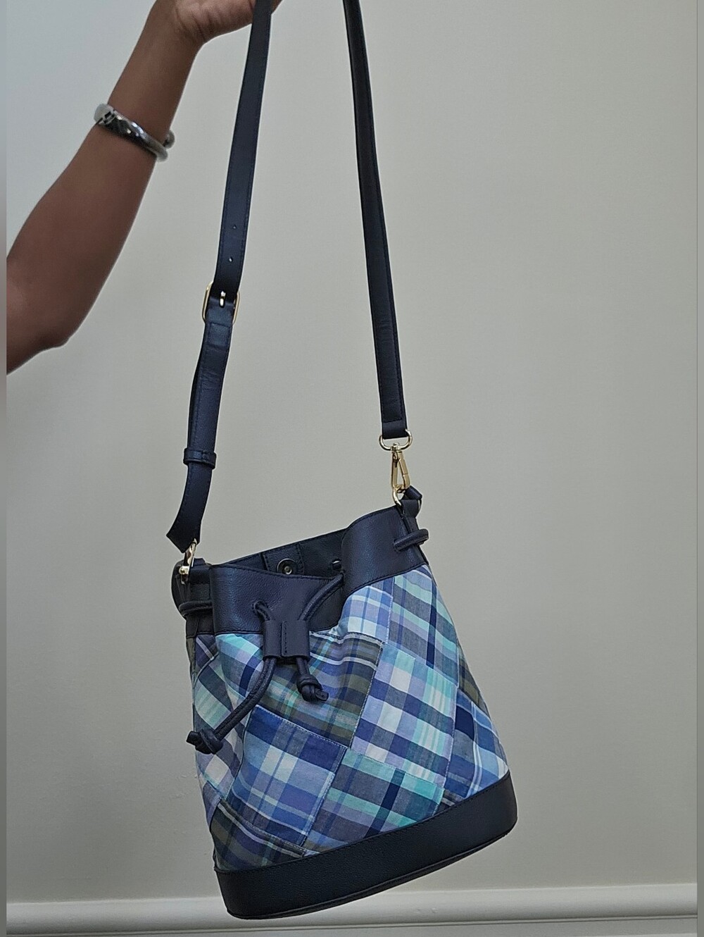 Talbots Plaid Patchwork Genuine Leather Drawstring Bucket Bag - Blue Multi
